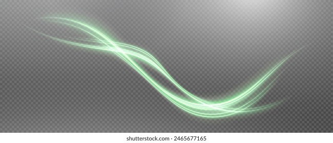 Fondo de png de Vector con líneas brillantes verdes. Líneas de velocidad verdes brillantes. Efecto de resplandor ligero. Onda de sendero ligero, línea de sendero de fuego y remolino de curva de resplandor.