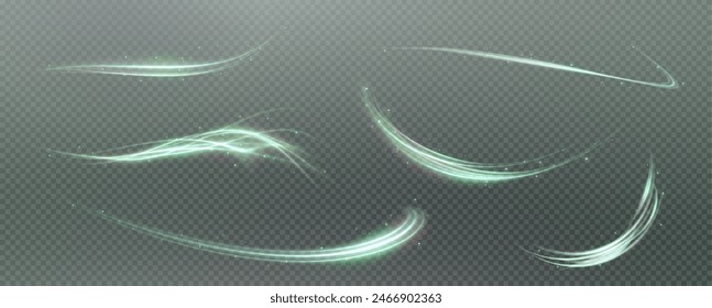 Fondo de png de Vector con líneas brillantes verdes. Líneas de velocidad verdes brillantes. Efecto de resplandor ligero. Onda de sendero ligero, línea de sendero de fuego y remolino de curva de resplandor.