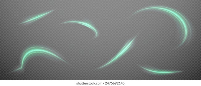 Fondo de png de Vector con líneas brillantes verdes. Líneas de velocidad verdes brillantes. Efecto de resplandor ligero. Onda de sendero ligero, línea de sendero de fuego y remolino de curva de resplandor.