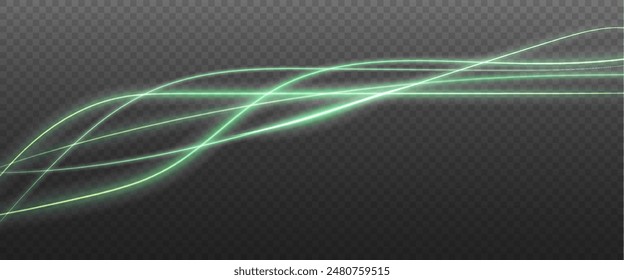 Fondo de png de Vector con líneas brillantes verdes. Líneas de velocidad verdes brillantes. Efecto de resplandor ligero. Onda de sendero ligero, línea de sendero de fuego y remolino de curva de resplandor.