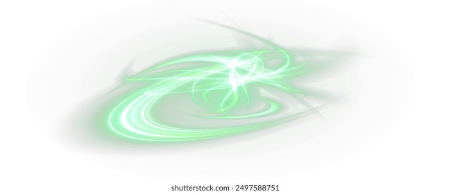 Vector png de fondo con líneas brillantes verdes. Líneas de velocidad brillantes verdes. Efecto de brillo ligero. Onda de sendero ligero, línea de sendero de fuego y remolino de curva de brillo.