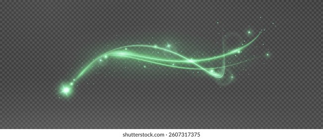 Vector png background with green glowing lines. Green glowing lines of speed. Light glow effect. Light trail wave, fire trail line and glow curve swirl.