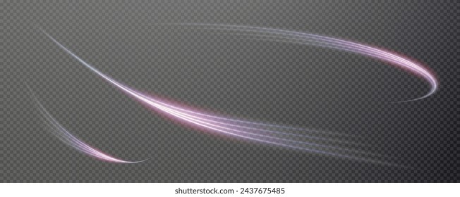 Vector png background with violet glowing lines. Violet and pink glowing lines of speed. Light glow effect. Light trail wave, fire trail line and glow curve swirl.