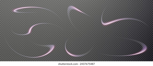 Vector png background with violet glowing lines. Violet and pink glowing lines of speed. Light glow effect. Light trail wave, fire trail line and glow curve swirl.