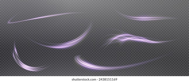 Vector png background with violet and pink glowing lines. Violet glowing lines of speed. Light glow effect. Light trail wave, fire trail line and glow curve swirl.