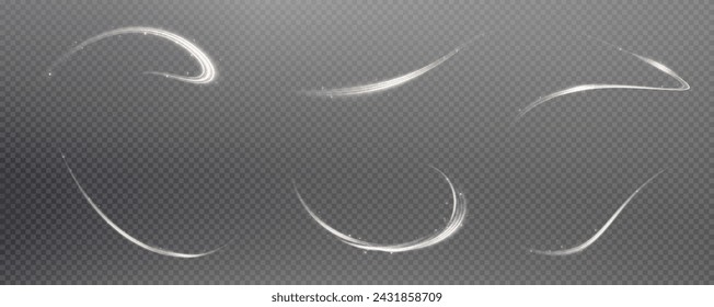 Vector de fondo png con líneas blancas brillantes. Líneas blancas de velocidad. Efecto de resplandor ligero. Onda de sendero ligero, línea de sendero de fuego y remolino de curva de resplandor.