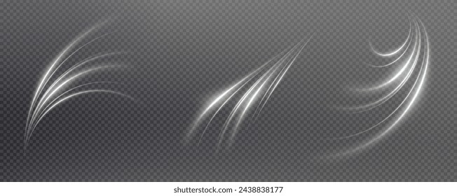 Vector png background with white glowing lines. White glowing lines of speed. Light glow effect. Light trail wave, fire trail line and glow curve swirl.
