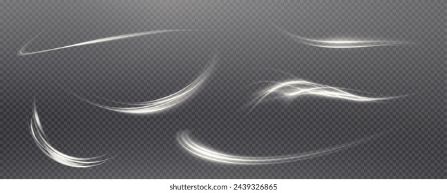 Vector png background with white glowing lines. White glowing lines of speed. Light glow effect. Light trail wave, fire trail line and glow curve swirl.