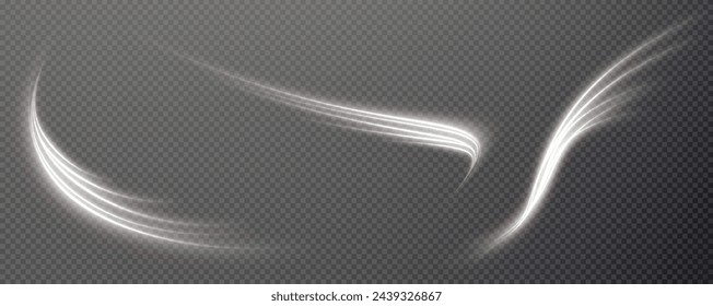 Vector png background with white glowing lines. White glowing lines of speed. Light glow effect. Light trail wave, fire trail line and glow curve swirl.