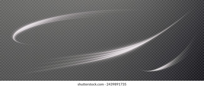 Vector png background with white glowing lines. White glowing lines of speed. Light glow effect. Light trail wave, fire trail line and glow curve swirl.