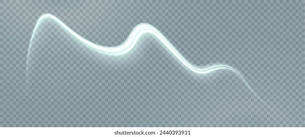 Vector png background with white glowing lines. White glowing lines of speed. Light glow effect. Light trail wave, fire trail line and glow curve swirl.