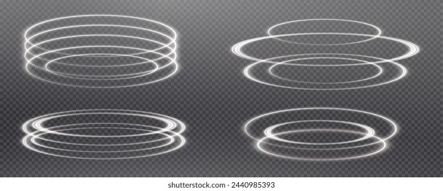 Vektor png Hintergrund mit weißen leuchtenden Linien. Weiß leuchtende Linien der Geschwindigkeit. Lichtglüheffekt. Lichtspurwelle, Feuerspurlinie und Glühkurvenwirbel. Leuchtender Ringkreis.Hud Podien oder Portale.