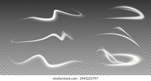 Vector png background with white glowing lines. White glowing lines of speed. Light glow effect. Light trail wave, fire trail line and glow curve swirl.
