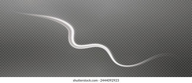 Vector png background with white glowing lines. White glowing lines of speed. Light glow effect. Light trail wave, fire trail line and glow curve swirl.