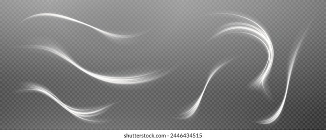 Vector png background with white glowing lines. White glowing lines of speed. Light glow effect. Light trail wave, fire trail line and glow curve swirl.