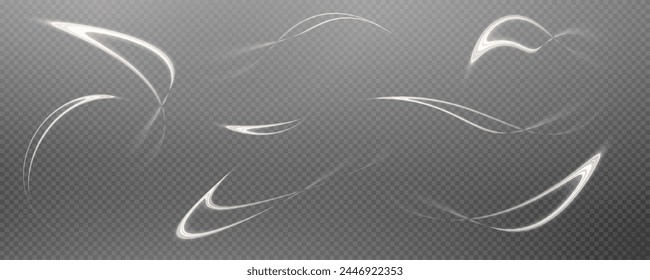 Vector png background with white glowing lines. White glowing lines of speed. Light glow effect. Light trail wave, fire trail line and glow curve swirl.