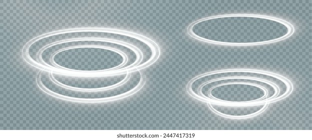 Vector png background with white glowing lines. White glowing lines of speed. Light glow effect. Light trail wave, fire trail line and glow curve swirl. Luminous ring circle.Hud podiums or portals.