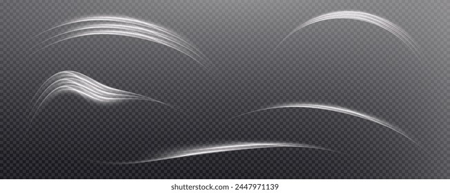 Vector png background with white glowing lines. White glowing lines of speed. Light glow effect. Light trail wave, fire trail line and glow curve swirl.