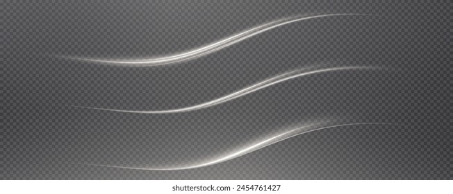 Vector de fondo png con líneas blancas brillantes. Líneas blancas de velocidad. Efecto de resplandor ligero. Onda de sendero ligero, línea de sendero de fuego y remolino de curva de resplandor.
