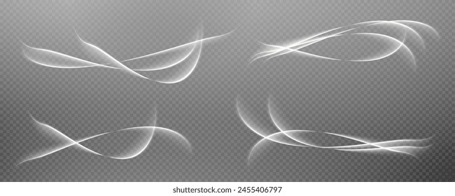 Vector png background with white glowing lines. White glowing lines of speed. Light glow effect. Light trail wave, fire trail line and glow curve swirl.