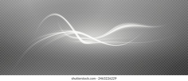Vector de fondo png con líneas blancas brillantes. Líneas blancas de velocidad. Efecto de resplandor ligero. Onda de sendero ligero, línea de sendero de fuego y remolino de curva de resplandor.