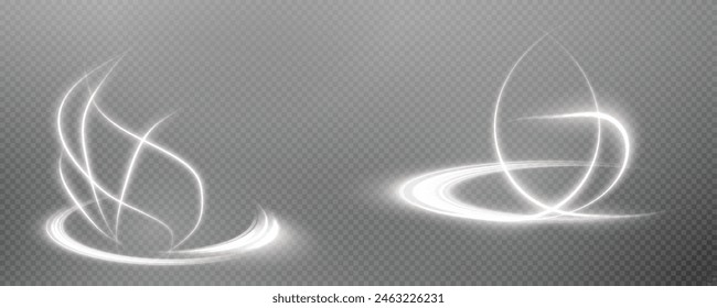 Vector png background with white glowing lines. White glowing lines of speed. Light glow effect. Light trail wave, fire trail line and glow curve swirl.