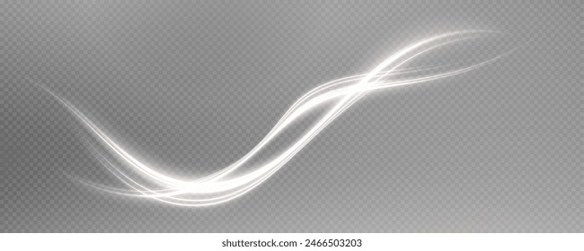 Vector png background with white glowing lines. White glowing lines of speed. Light glow effect. Light trail wave, fire trail line and glow curve swirl.