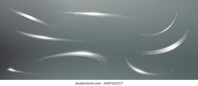 Vector de fondo png con líneas blancas brillantes. Líneas blancas de velocidad. Efecto de resplandor ligero. Onda de sendero ligero, línea de sendero de fuego y remolino de curva de resplandor.