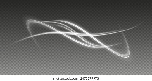 Vector de fondo png con líneas blancas brillantes. Líneas blancas de velocidad. Efecto de resplandor ligero. Onda de sendero ligero, línea de sendero de fuego y remolino de curva de resplandor.