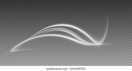 Vector png background with white glowing lines. White glowing lines of speed. Light glow effect. Light trail wave, fire trail line and glow curve swirl.