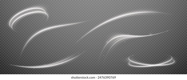 Vector png background with white glowing lines. White glowing lines of speed. Light glow effect. Light trail wave, fire trail line and glow curve swirl.