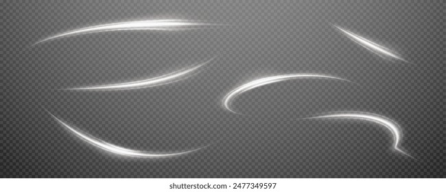 Vector png background with white glowing lines. White glowing lines of speed. Light glow effect. Light trail wave, fire trail line and glow curve swirl.