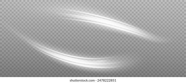 Vector png background with white glowing lines. White glowing lines of speed. Light glow effect. Light trail wave, fire trail line and glow curve swirl.