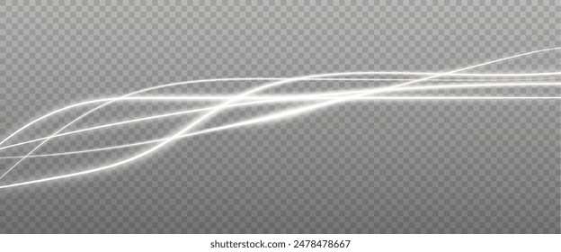 Vector png background with white glowing lines. White glowing lines of speed. Light glow effect. Light trail wave, fire trail line and glow curve swirl.