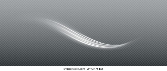 Vector png background with white glowing lines. White glowing lines of speed. Light glow effect. Light trail wave, fire trail line and glow curve swirl.
