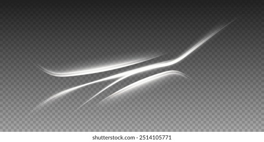 Vector png background with white glowing lines. White glowing lines of speed. Light glow effect. Light trail wave, fire trail line and glow curve swirl.