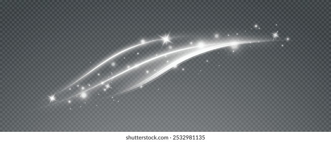 Plano de fundo png vetorial com linhas brancas brilhantes. Linhas de velocidade brilhantes brancas. Efeito de brilho de luz. Onda de trilha leve, linha de trilha de fogo e redemoinho de curva de brilho.