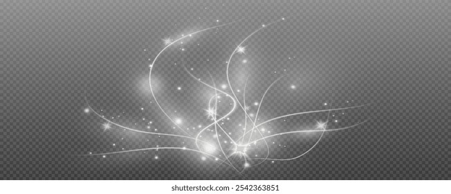 Vector png background with white glowing lines. White glowing lines of speed. Light glow effect. Light trail wave, fire trail line and glow curve swirl.