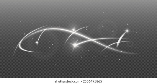 Vector png background with white glowing lines. White glowing lines of speed. Light glow effect. Light trail wave, fire trail line and glow curve swirl.