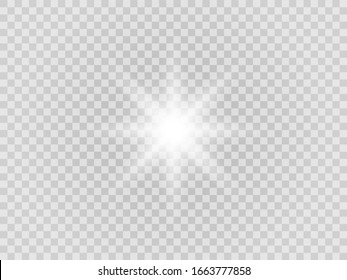 Vector png glowing light effect. Shine, glare, flare, flash illustration. White star on transparent.
