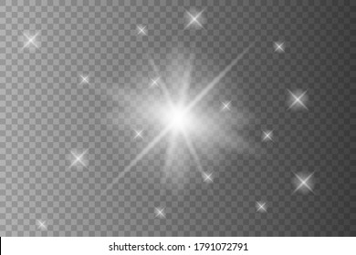 Vector png glowing light effect. Shine, glare, flare, flash illustration. White star on transparent.