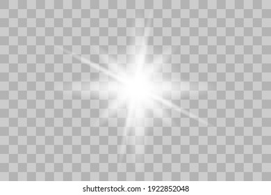 Vector png glowing light effect. Shine, glare, flare, flash illustration. White star on transparent.