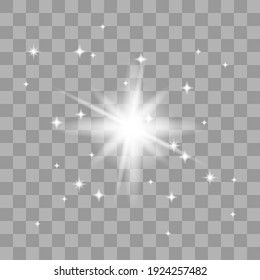 Vector png glowing light effect. Shine, glare, flare, flash illustration. White star on transparent.