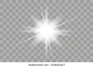 Vector png glowing light effect. Shine, glare, flare, flash illustration. White star on transparent.