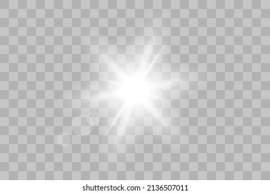 Vector png glowing light effect. Shine, glare, flare, flash illustration. White star on transparent.