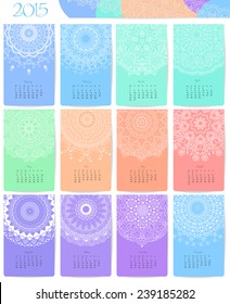 Vector pocket calendar 2015. Ornament beautiful card with mandala. Calendar made invector. Colorful hand drawn design for any other kind of design, birthday and other holiday, kaleidoscope, yoga india