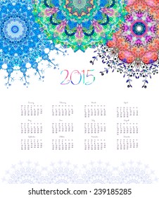 Vector pocket calendar 2015. Ornament watercolor card with mandala. Calendar made invector. Colorful hand drawn design for any other kind of design, birthday and other holiday, kaleidoscope yoga india
