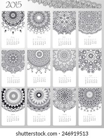 Vector pocket calendar 2015. Ornament watercolor card with mandala. Calendar made in vector. Colorful design for any other kind of design, birthday and other holiday, kaleidoscope, yoga, India