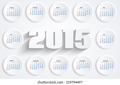 vector pocket calendar  2015 paper circle with shadow 3d. eps10