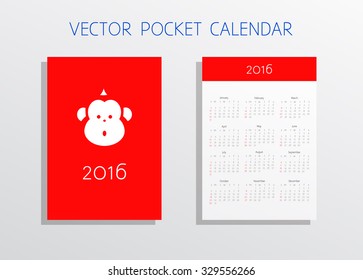 Vector pocket calendar 2016. Design iIllustration of monkey with shadow